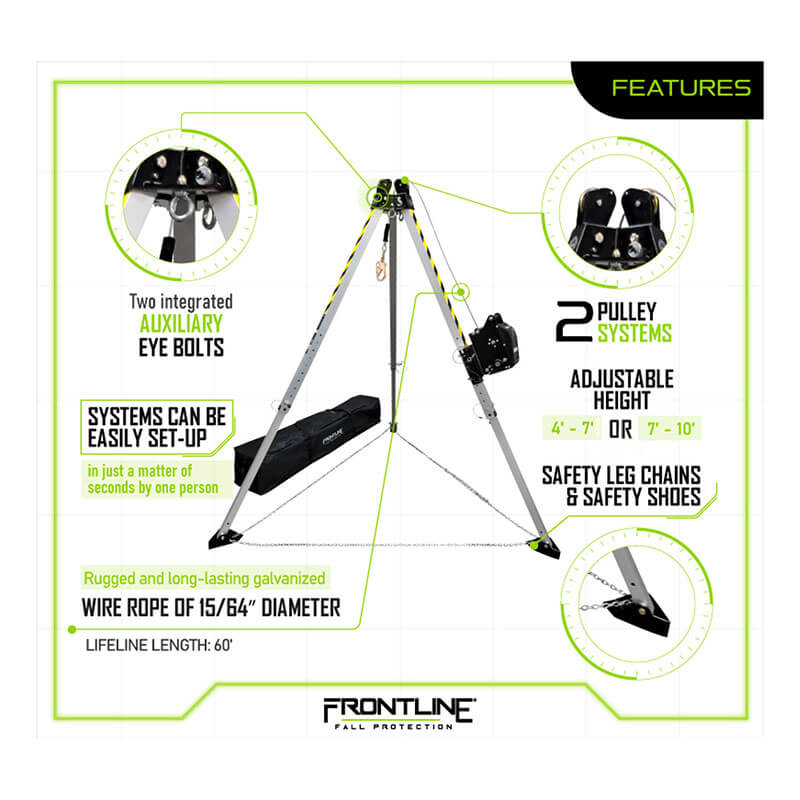 Diagram of the Frontline Fall Protection MEGApod Aluminum Tripod with 60' Winch showing labeled features: auxiliary eye bolts, pulleys, adjustable height (4’-7’/7’-10’), easy setup, safety leg chains/shoes—ideal for non-entry rescue.