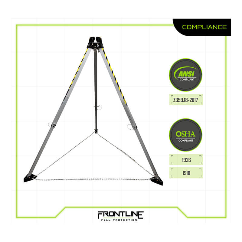 The Frontline MEGApod Aluminum Tripod by Frontline Fall Protection is a portable aluminum tripod with safety chains for fall protection, shown here as ANSI and OSHA compliant, with model standards and branding visible at the bottom of the image.