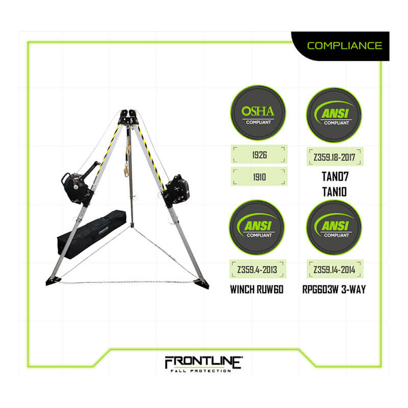 The Frontline MEGApod Aluminum Tripod with 60' Winch and 3-Way SRL is shown in silver with black and yellow accents, featuring OSHA and ANSI text. The Frontline Fall Protection logo appears at the bottom.