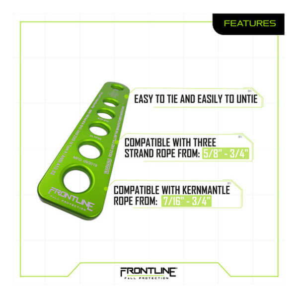 The Frontline Fall Protection Rope Termination Plate VLTP34 is a green metal plate with five labeled holes for 5/8"-3/4" three-strand and 7/16"-3/4" kernmantle ropes, ideal for fall protection and rope access, easy to tie and untie.