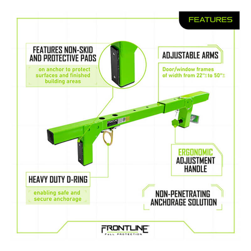 The Frontline Fall Production Window/Door Jamb 50" Non-Penetrating Anchor features non-skid pads, adjustable arms (22"-50"), an ergonomic handle, a heavy-duty D-ring, and a corrosion-resistant finish—providing safe anchorage without penetration.