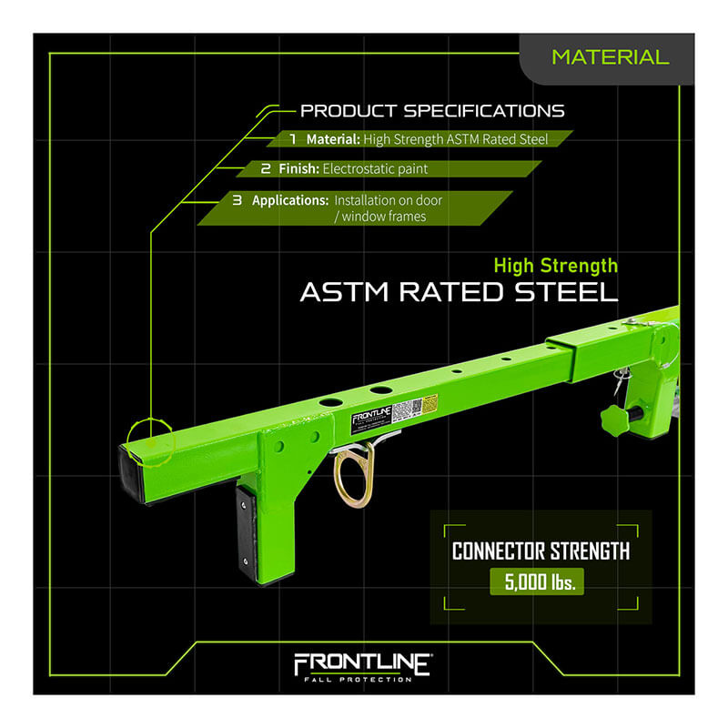The Frontline Window/Door Jamb 50" Non-Penetrating Anchor by Frontline Fall Protection is a green metal security bar with ASTM-rated steel, corrosion-resistant paint, 5,000 lbs connector strength, and optional adjustable arms.