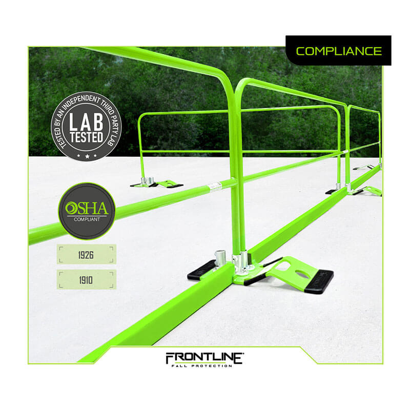 A bright green Frontline Fixed Guardrail System for Concrete/Steel Substrates by Frontline Fall Protection is installed outdoors on flat ground, offering perimeter edge protection. Badges show "Lab Tested," "OSHA Compliant," and "Compliance," with trees and sky behind.