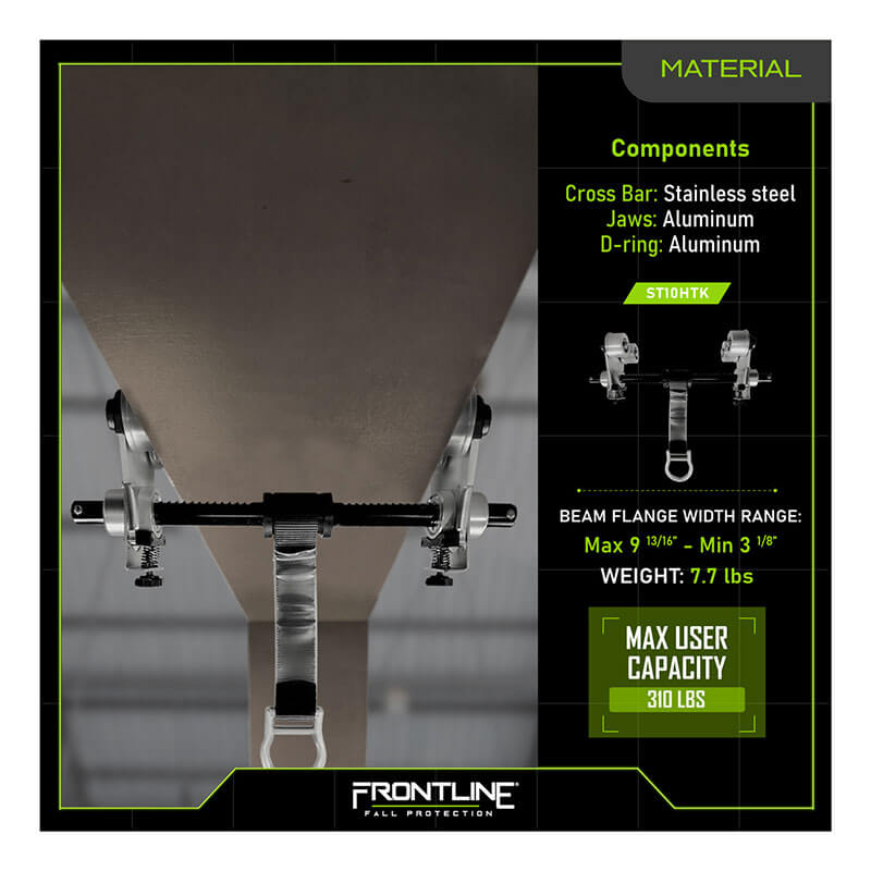 The Frontline Beam Trolley Anchor by Frontline Fall Protection clamps to 3"-10" I-beams, features a stainless steel bar, aluminum jaws and D-ring, and supports up to 310 lbs.