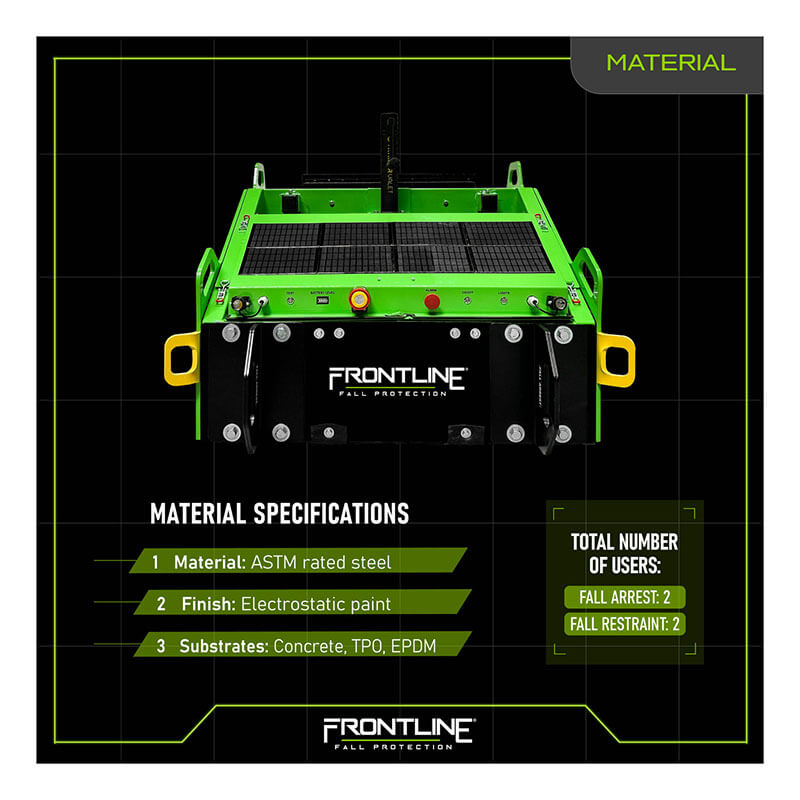 The Frontline Commando Tank Non-Penetrating Fall Protection Cart by Frontline Fall Protection offers ASTM-rated, electrostatically painted steel fall protection for up to two users on concrete, TPO, and EPDM surfaces. Suitable for fall arrest or restraint.