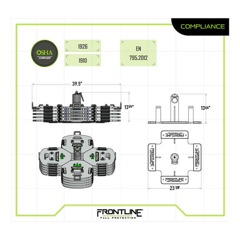 Technical drawing of the Frontline Commando Counterweight Fall Protection System CO2NN showing top, front, and side views with labeled dimensions, OSHA and EN 795:2012 compliance details, and the Frontline Fall Protection logo at the bottom.