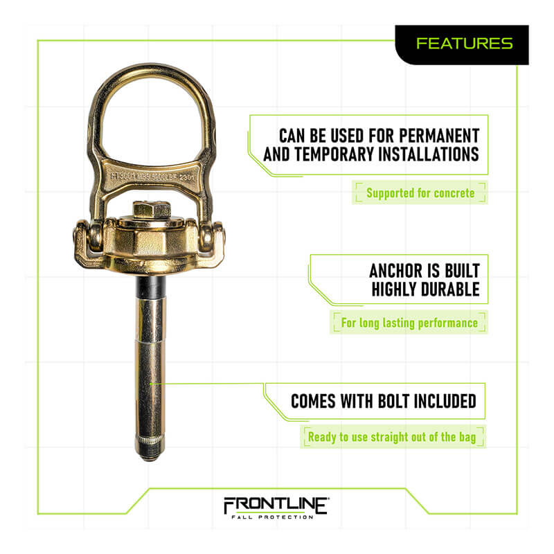 The Frontline ALPHA Swivel 5K Concrete Anchor COB5K by Frontline Fall Protection is a gold-finished metal anchor with a large swiveling D-ring and bolt, ideal for permanent or temporary concrete use, corrosion-resistant, and includes installation bolt.