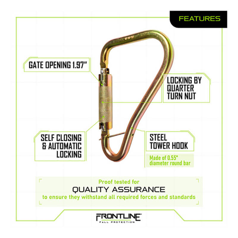 The Frontline Fall Protection Steel Quarter Turn-locking Carabiner Hook CSQ120 features a 1.97" auto lock gate, quarter turn nut locking, self-closing automatic lock, and is made from high-strength 0.55" diameter round steel bar.