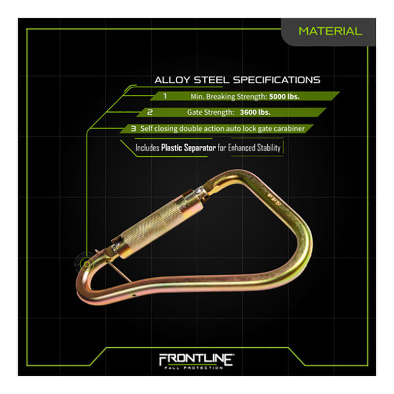 The Frontline Fall Protection Steel Quarter Turn-locking Carabiner Hook CSQ120, shown on a black background, features a gold alloy finish, double action auto lock gate, 5000 lb breaking strength, 3600 lb gate strength, and a plastic separator.