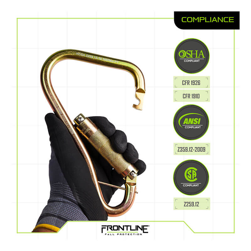 A gloved hand holds the Frontline Steel Quarter Turn-locking Carabiner Hook CSQ120. On the right are OSHA, ANSI, and CSA compliant badges. "Frontline Fall Protection" is displayed at the bottom.