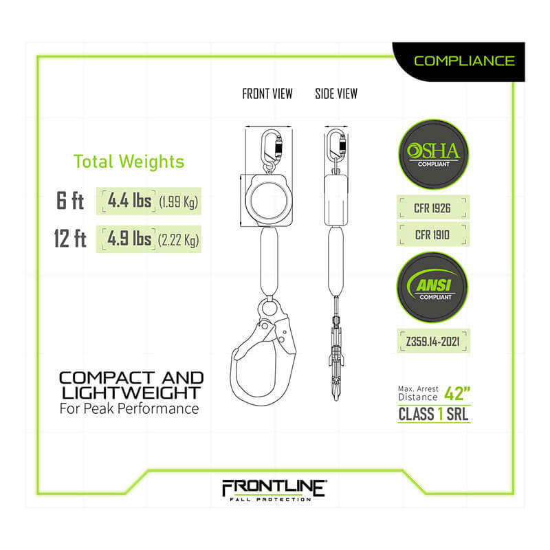 Technical product diagram for the Frontline Aramid Fiber Web SRL w/Steel Rebar Hook End by Frontline Fall Protection, showing front and side views, weights (6 ft: 4.4 lbs; 12 ft: 4.9 lbs), compliance icons, and key safety info.
