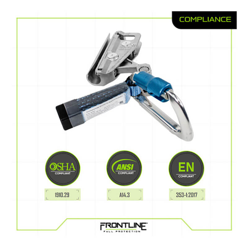 The Frontline Fall Protection Vertical Ladder Lifeline System Cable Glider GLC38, shown with carabiner and blue webbing, appears above OSHA 1910.29, ANSI A14.3, and EN 353-1:2017 icons. The Frontline logo is below.