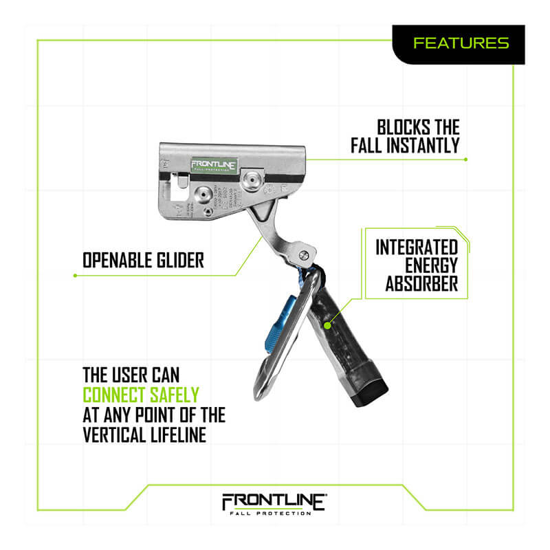 The Frontline Fall Protection Vertical Ladder Lifeline System Cable Glider GLC38 is a silver and gray fall arrester featuring an integrated energy absorber, instant blocking, and safe connection at any point on the ladder lifeline.