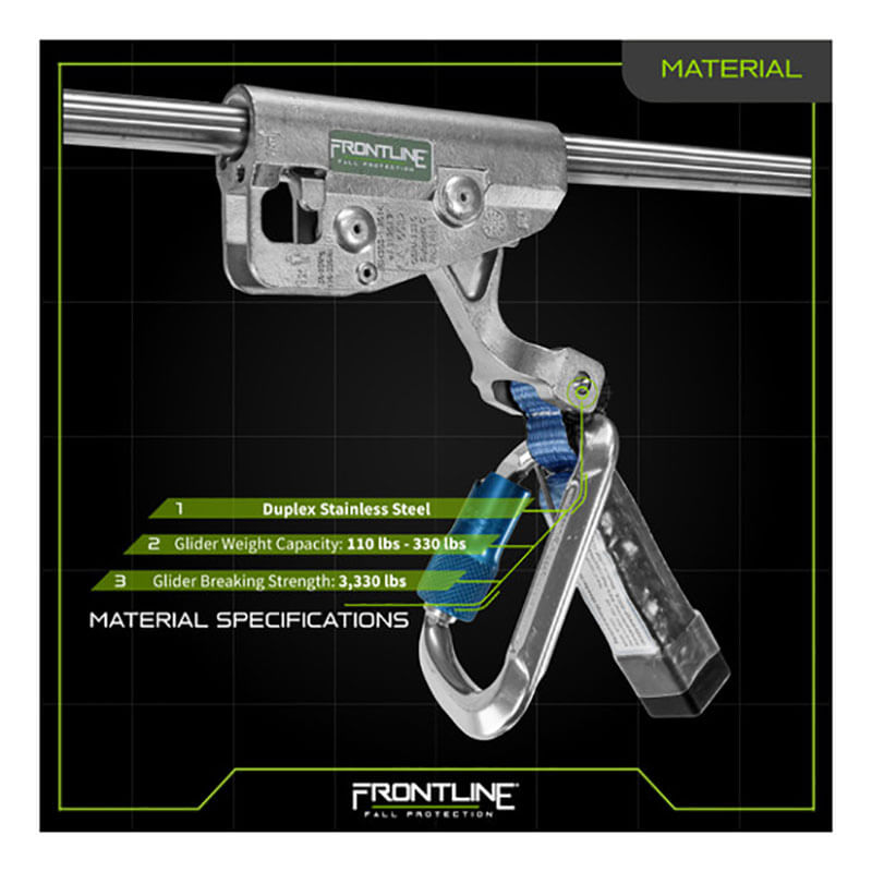 The Frontline Vertical Ladder Lifeline System Cable Glider GLC38 by Frontline Fall Protection is made of duplex stainless steel, includes a blue strap and carabiner, supports 110-330 lbs, and has a 3,330 lb breaking strength.
