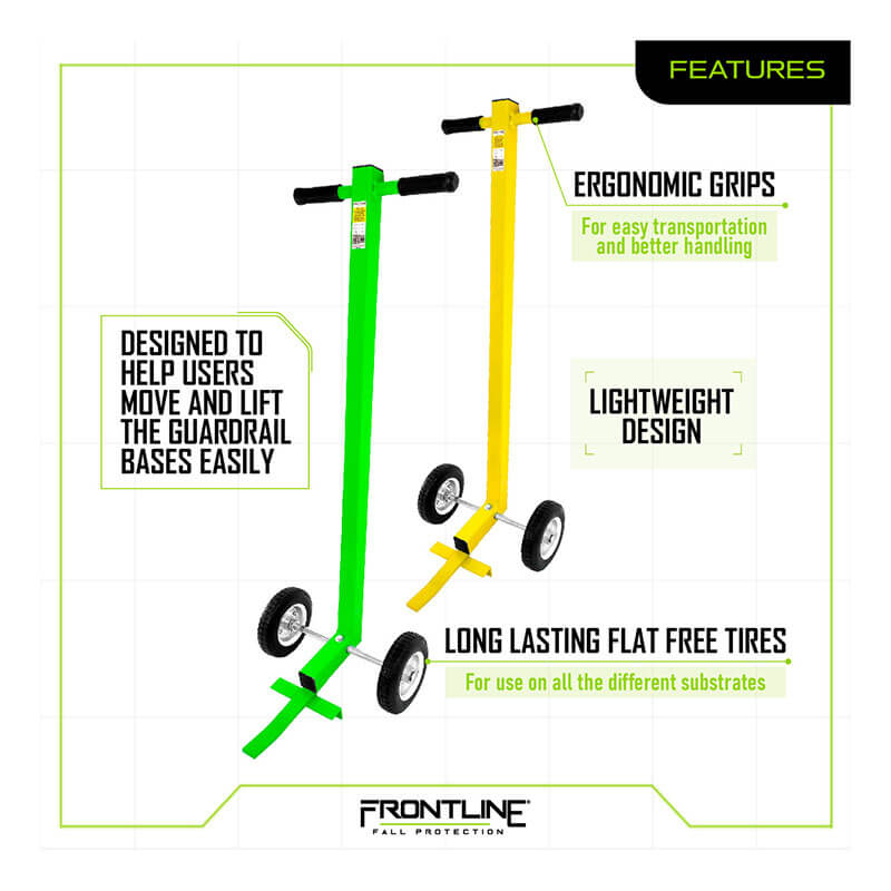 The Frontline Fall Protection Guardrail Base Lifting Dolly GUBDO, in green and yellow with ergonomic grips and flat-free tires, is lightweight, durable, and designed to easily move and lift guardrail bases on any substrate.