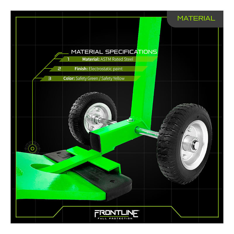 Close-up of the Frontline Guardrail Base Lifting Dolly GUBDO by Frontline Fall Protection—a green/yellow ASTM-rated steel safety device with electrostatic paint, two black rubber wheels, and silver rims for high visibility.