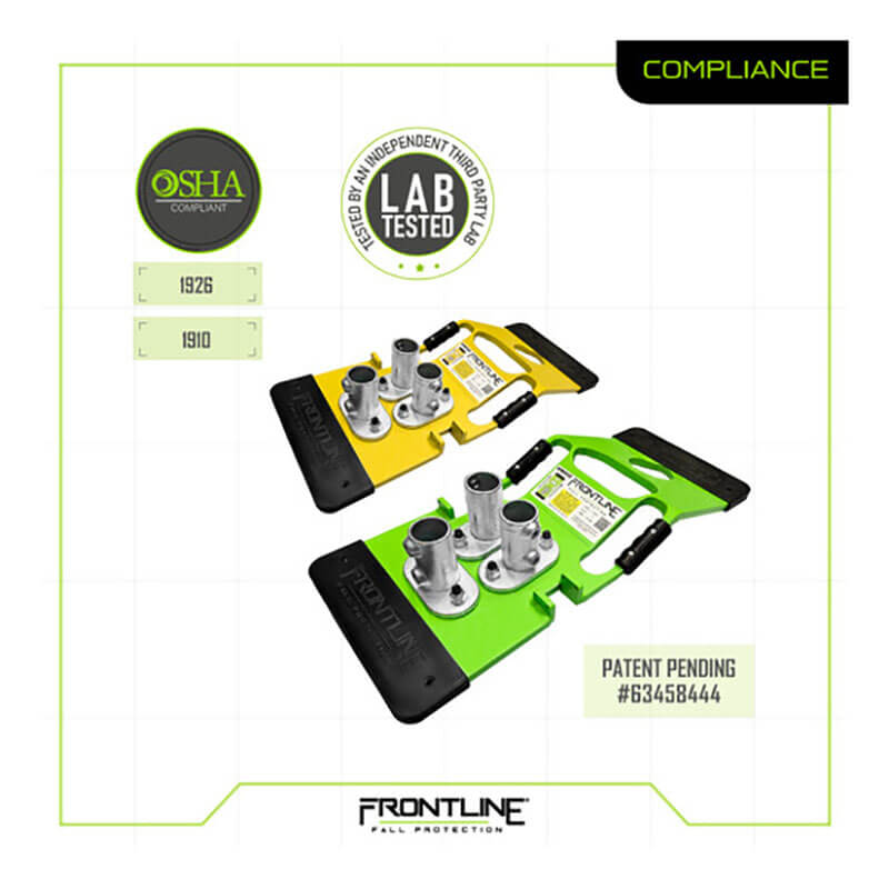 Two metal safety bases, one yellow and one green, from the Frontline Fall Protection Frontline Guardrails 56 lbs Base GUB56 system, are shown side by side on white. OSHA compliant and lab tested badges with patent pending #63458444 are displayed.