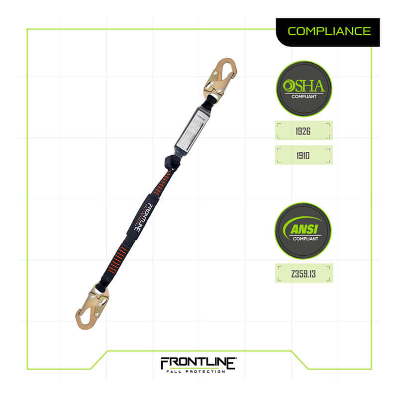 The Frontline Combat 3' Single Leg Snaphook Lanyard w/Shock Absorber by Frontline Fall Protection is displayed. It features two snap hooks, a shock absorber, and meets OSHA (1926, 1910) and ANSI (Z359.13) standards. Logo shown.