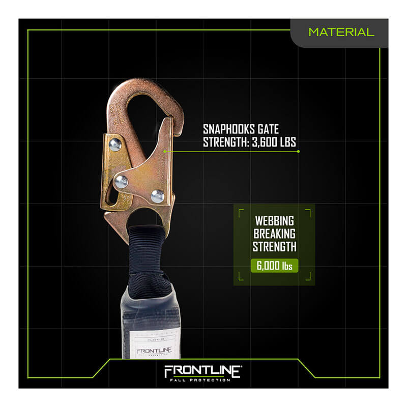 The Frontline Combat 3' Single Leg Snaphook Lanyard w/Shock Absorber by Frontline Fall Protection features a metal snaphook on black webbing. Snaphook Gate Strength: 3,600 lbs; Webbing Breaking Strength: 6,000 lbs. "Material" at top right.