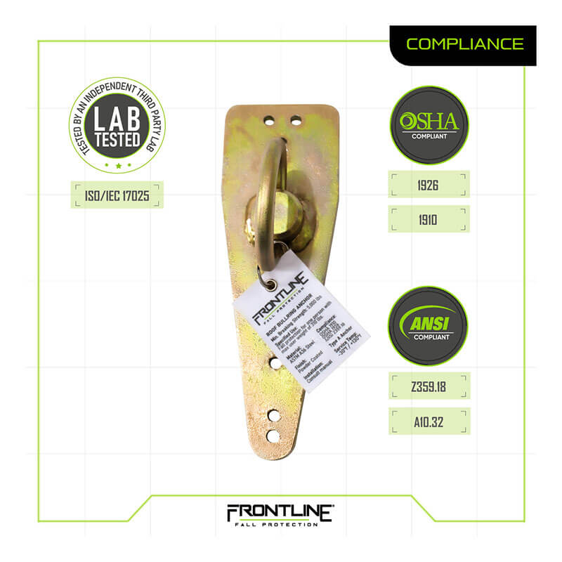 The Frontline Bull Ring Reusable Roof Anchor ROB01 by Frontline Fall Protection is a zinc-plated steel wall anchor with a large ring, attached product tag, and visible green compliance labels. It meets OSHA/ANSI fall arrest standards.
