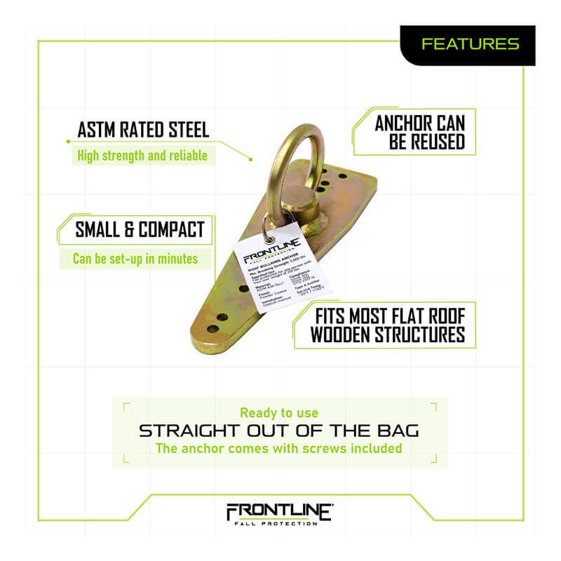 The Frontline Bull Ring Reusable Roof Anchor ROB01 by Frontline Fall Protection is a gold-colored zinc-plated steel anchor with a ring, ASTM rated for fall arrest, compact, fits most flat wood roofs, and includes screws for secure installation.