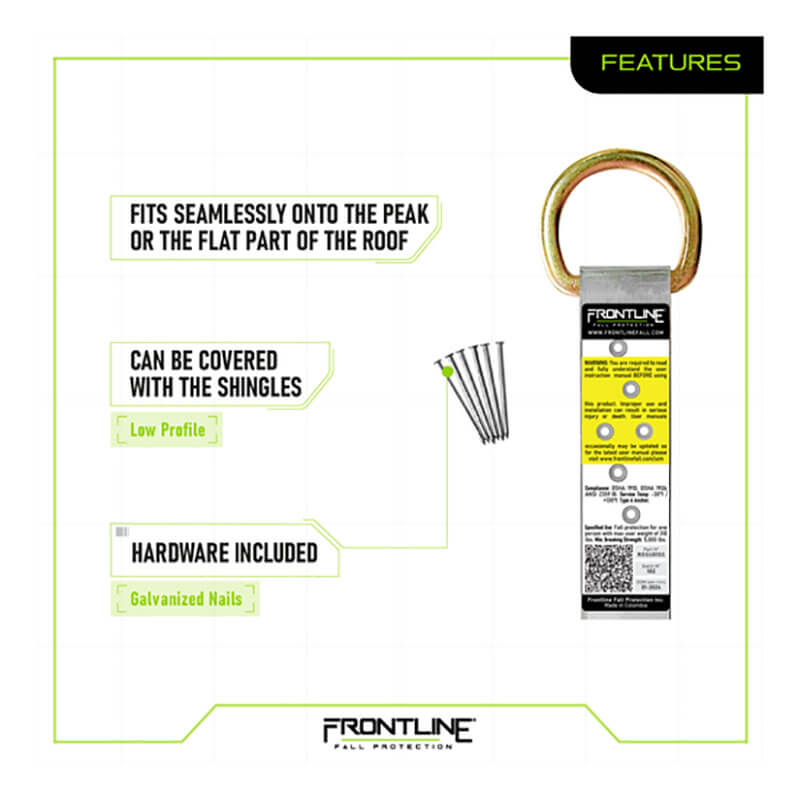 The Frontline Stainless Steel Permanent Roof Anchor by Frontline Fall Protection features 1 D-ring, includes all hardware, resists corrosion, fits roof peaks or flat surfaces, installs under shingles with a low profile using galvanized nails.