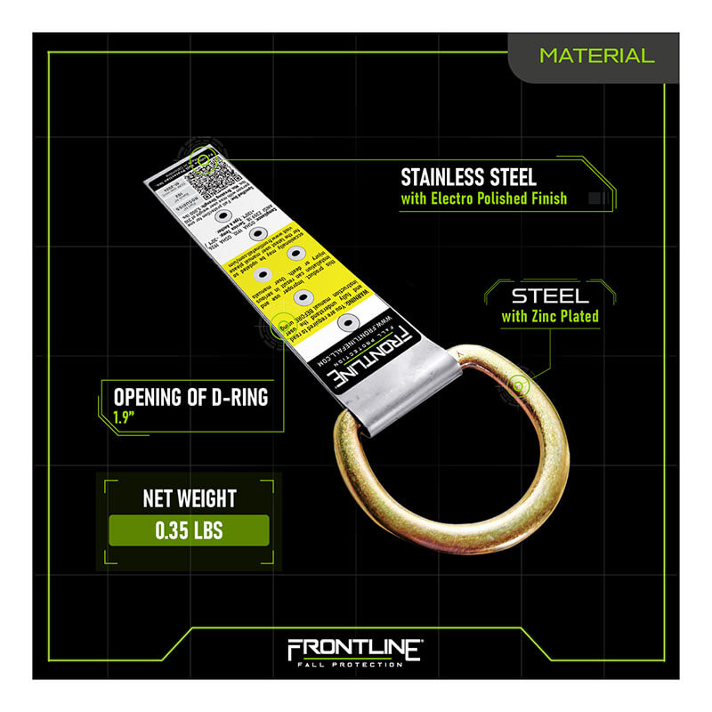 The Frontline Stainless Steel Permanent Roof Anchor by Frontline Fall Protection is corrosion-resistant, features a labeled tag, electro-polished finish, 1.9" D-ring opening, 0.35 lb weight, and zinc-plated steel parts—ideal for permanent roof anchoring.