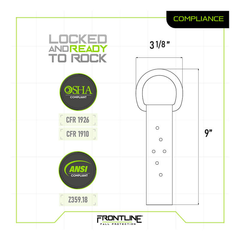 Diagram displaying the Frontline Stainless Steel Permanent Roof Anchor (1 D-Ring) by Frontline Fall Protection. Measures 9" x 3 1/8", features a looped strap, OSHA/ANSI badges, “Locked and Ready to Rock” slogan for enhanced safety.