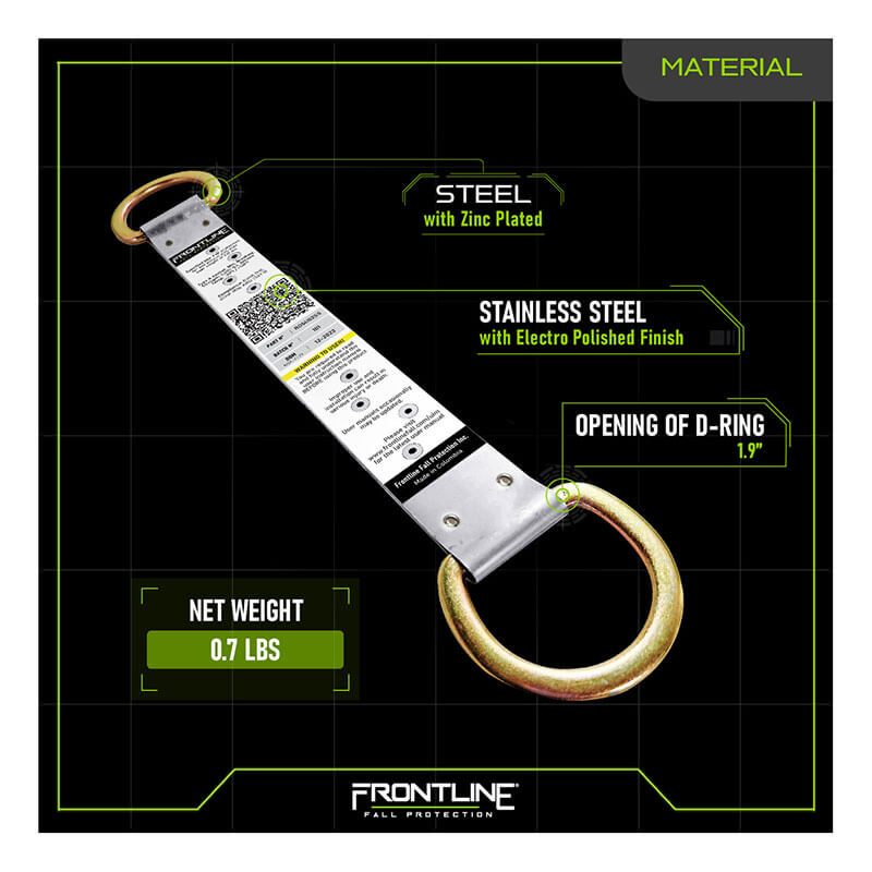 The Frontline Stainless Steel Permanent Roof Anchor by Frontline Fall Protection features two round gold-colored D-rings (1.9" openings), is made of corrosion-resistant, zinc-plated steel, has a stainless steel anchor, and weighs 0.7 lbs.