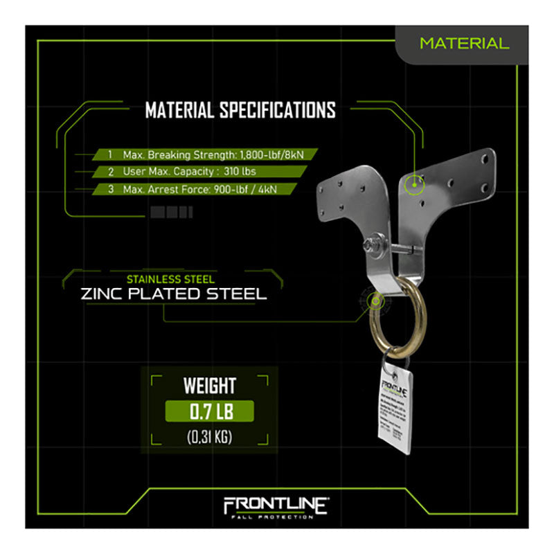 The Frontline Roof Wood Truss Anchor ROWT18 by Frontline Fall Protection is a steel wall anchor with zinc-plated ring, 1,800-lb breaking strength, 310-lb user capacity, 900-lbf arrest force, weighs 0.7 lb (0.31 kg), also suitable for roof wood trusses.