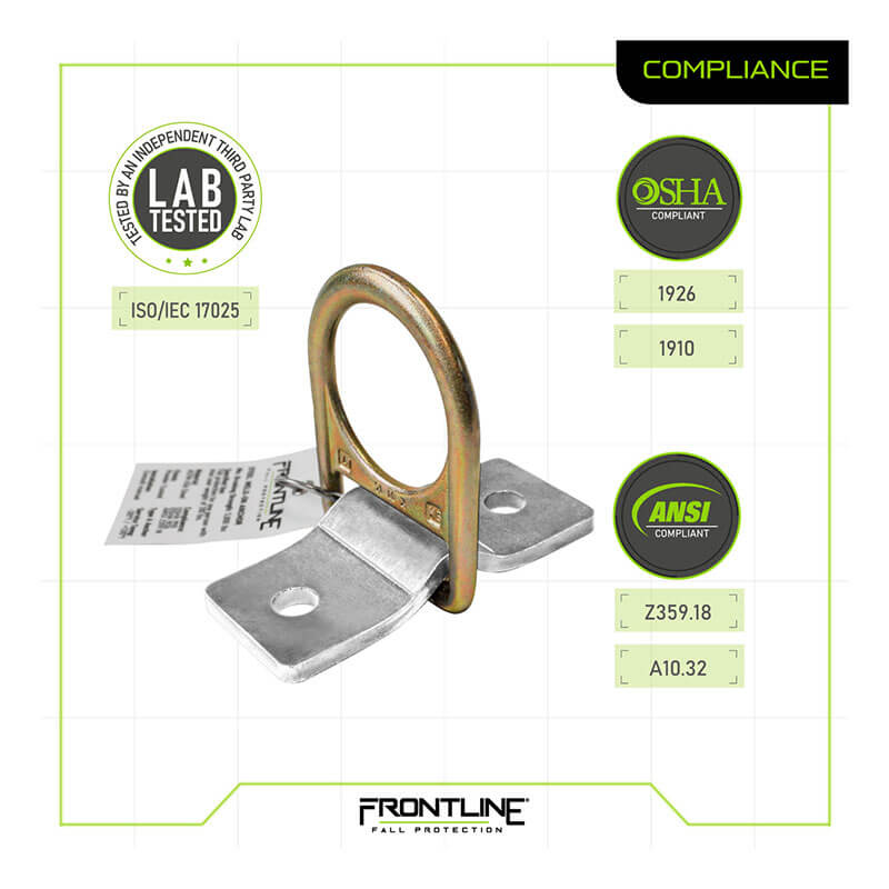 The Frontline Fall Protection Weld/Bolt-on Steel & Concrete Anchor SBW01 with D-ring is shown on a white background, labeled as lab tested, OSHA (1926, 1910) and ANSI (Z359.18, A10.32) compliant, and ISO/IEC 17025 certified.