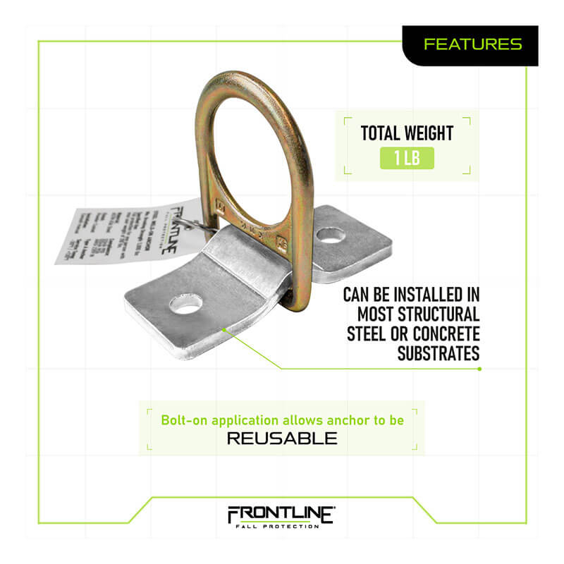 The Frontline Weld/Bolt-on Steel & Concrete Anchor SBW01 by Frontline Fall Protection features a ring and two bolt holes, weighs 1 lb, installs on steel or concrete, is corrosion resistant, reusable with bolt-on application, and displays brand labeling.