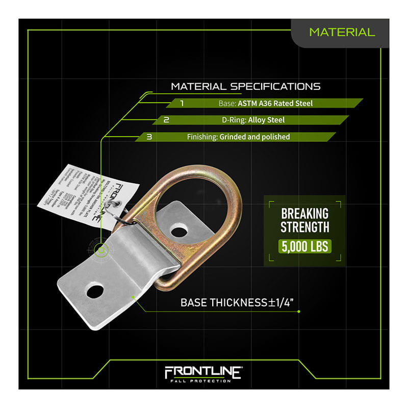 The Frontline Fall Protection SBW01 Weld/Bolt-on Steel & Concrete Anchor features an ASTM A36 steel base (1/4" thick), alloy steel D-ring, grinded and polished finish, label with specs, and a 5,000 lbs breaking strength.