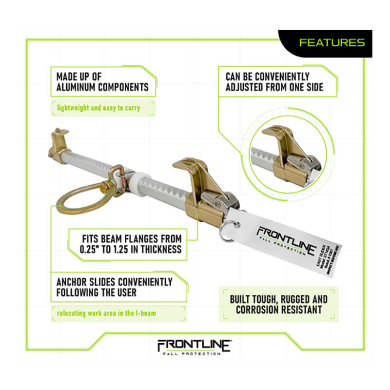 The Frontline Easy Slider Beam Walker Anchor (3.5"-14" I-Beams) by Frontline Fall Protection is a lightweight, corrosion-resistant aluminum anchor with adjustable clamps and a sliding feature for safe work relocation; branding is visible.