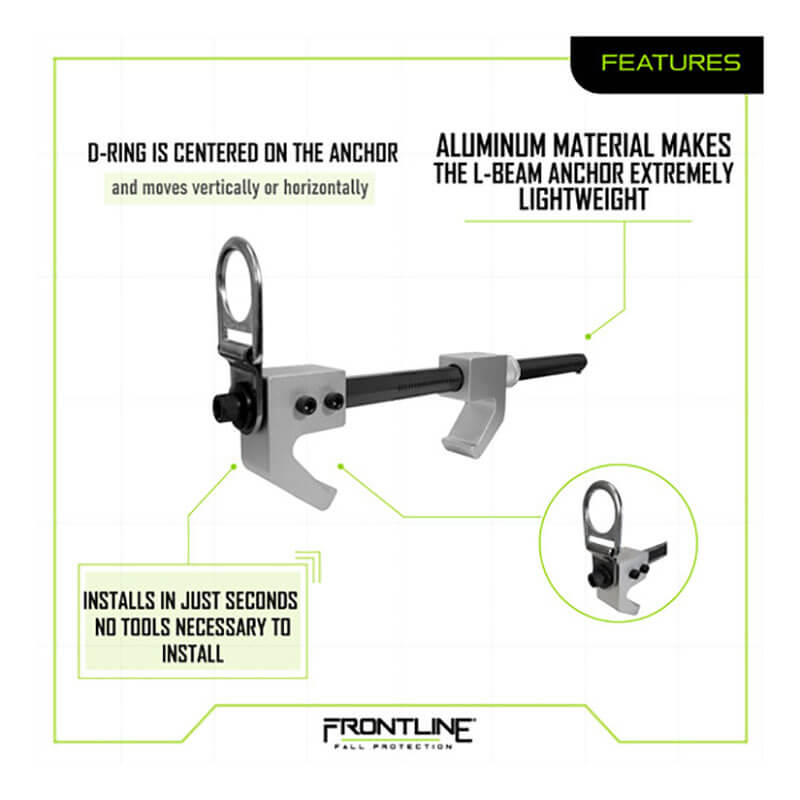 The Frontline Aluminum 18" Vertical Fixed Beam Anchor ST18AV by Frontline Fall Protection is shown, featuring lightweight aluminum construction, a movable D-ring swivel, fast tool-free installation, and adjustable orientation.
