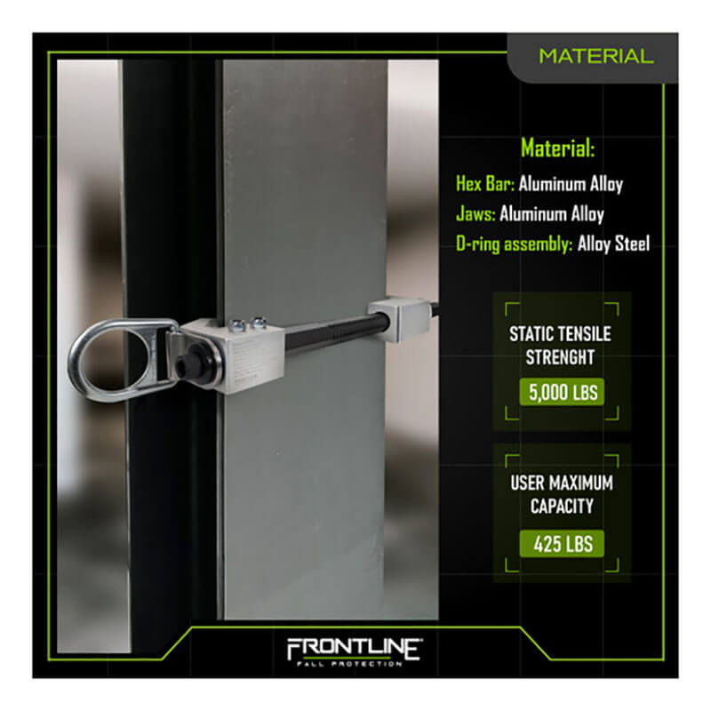 Close-up of the Frontline Fall Protection Aluminum 18" Vertical Fixed Beam Anchor ST18AV with D-ring swivel, aluminum alloy and steel build, 5,000 lbs static tensile strength, and max user capacity of 425 lbs.