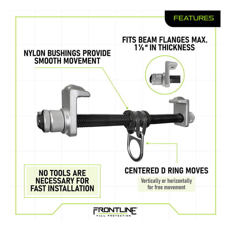 The Frontline Aluminum Sliding I-Beam Anchor by Frontline Fall Protection features a centered sliding D ring, nylon bushings for smooth movement, tool-free installation, and fits beam flanges up to 1¼".