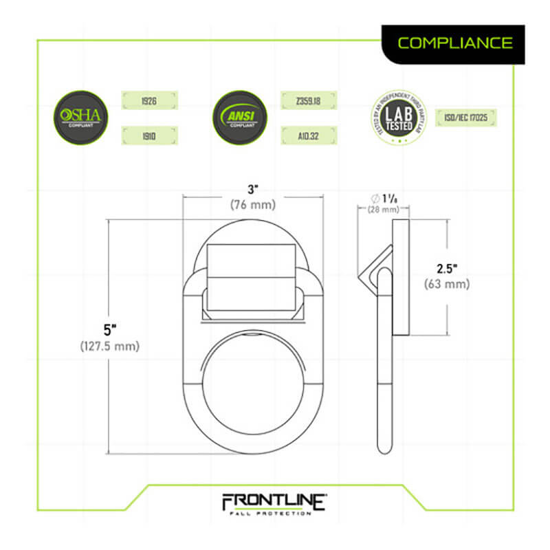 Technical drawing of the Frontline Weld-on Anchor STW01 by Frontline Fall Production, featuring labeled front and side views, ASTM steel specs, and compliance icons for OSHA, ANSI, and lab testing. "Frontline Fall Production" logo shown at the bottom.