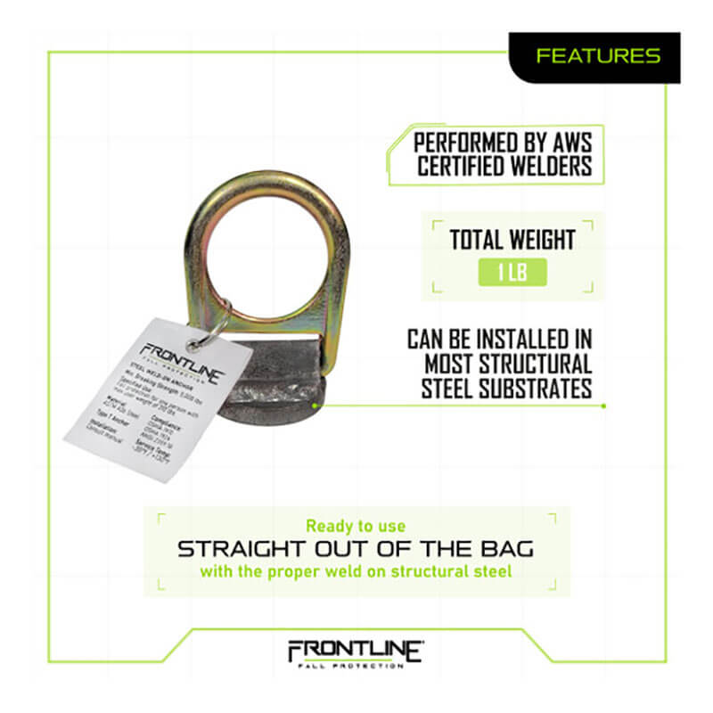 The Frontline Weld-on Anchor STW01 by Frontline Fall Protection is shown with a welded ring and info tag. Made from ASTM-rated steel, AWS certified welds, weighs 1 lb, fits most structural steel, usable instantly. FRONTLINE branding visible.
