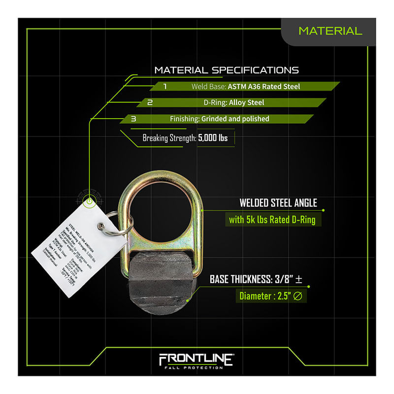 The Frontline Weld-on Anchor STW01 by Frontline Fall Production is shown on a black grid, featuring a tag, 5,000 lbs breaking strength, ASTM-rated alloy steel build, 3/8" base thickness, and a 2.5" diameter.