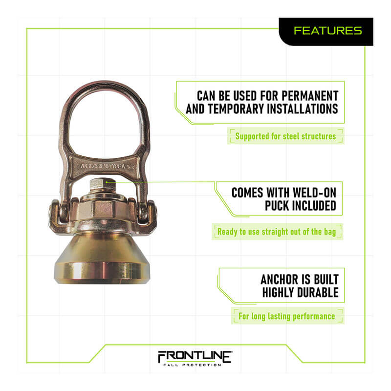 The Frontline Fall Protection ALPHA 5K Steel Swivel Anchor with Weld-on Puck is shown. Designed for permanent or temporary Horizontal Lifeline System use, it offers a rotating attachment point and high durability.