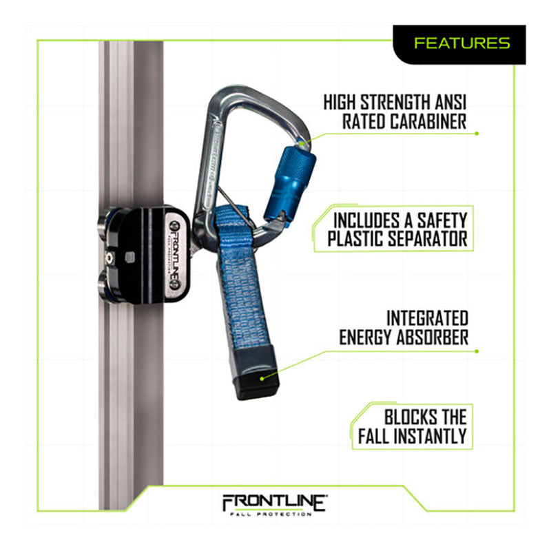 The Frontline Securail Vertical Fall Arrest Ladder System Trolley TRR38 from Frontline Fall Protection is a metal safety device with a blue carabiner, ANSI-rated strength, plastic separator, energy absorber, and instant fall arrest trolley action.
