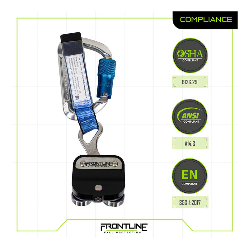 The Frontline Securail Vertical Fall Arrest Ladder System Trolley TRR38 by Frontline Fall Protection, featuring a blue strap, metal carabiner, and clamp, meets OSHA 1926.29, ANSI A14.3, and EN 353-1:2017 standards for vertical fall arrest systems.