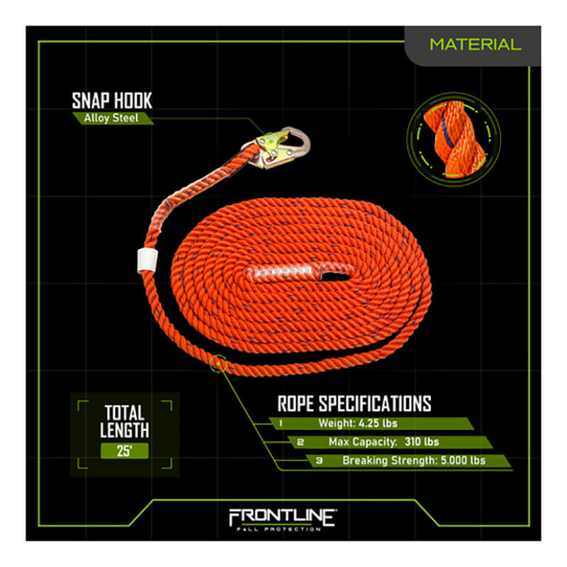 The Frontline Premium Vertical Lifeline VLP by Frontline Fall Protection is a 25-ft orange lifeline with an alloy steel snap hook, ideal for roofing fall protection. Specs: 4.25 lbs, 310 lbs max capacity, 5,000 lbs breaking strength. Shown on black grid background.