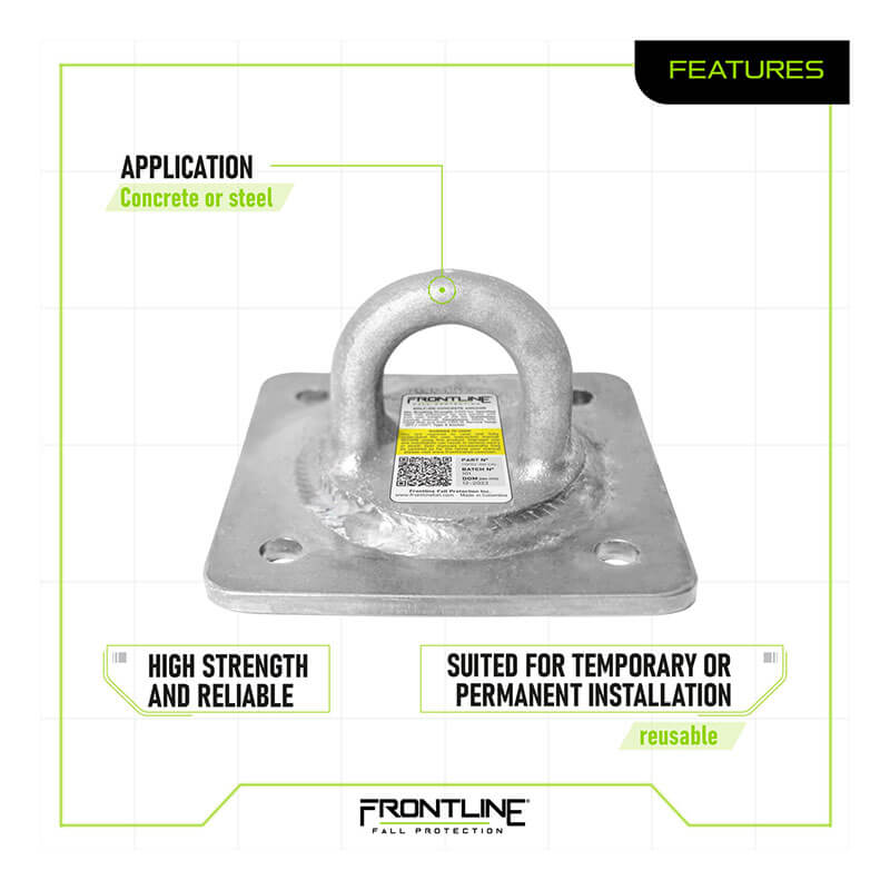 The Frontline Fall Protection Concrete & Steel 10K HDG Reusable Anchor Plate features a circular ring on a square base, ideal for concrete and steel fall arrest; it offers high strength and reliability for temporary or permanent installation.