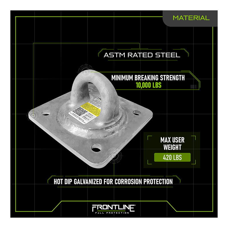 The Frontline Concrete & Steel 10K HDG Reusable Anchor Plate by Frontline Fall Protection is a galvanized steel, ASTM-rated fall arrest anchor (10,000 lbs breaking strength, 420 lbs max user weight), with corrosion protection and reusable design.