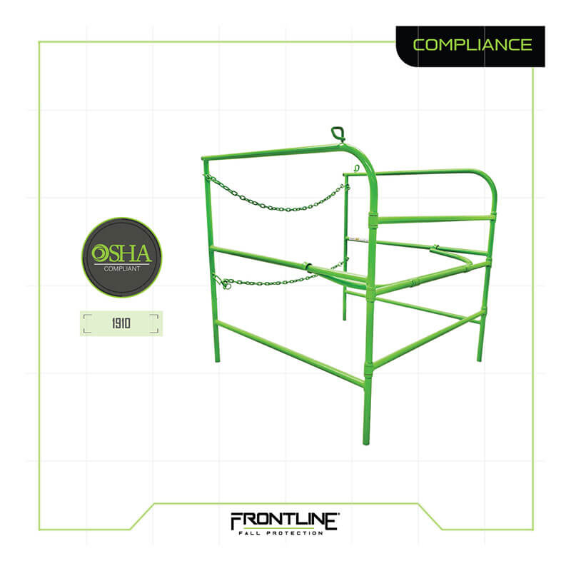 Frontline Manhole Guardrail by Frontline Fall Protection stands on a white grid background with chains for fall protection and confined space safety. Labels highlight OSHA compliance and the Frontline Fall Protection brand.
