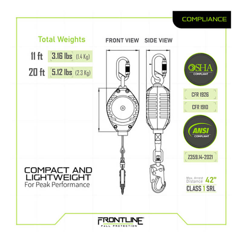 Diagram showing the Frontline Web Single Leg SRL with Steel Snap Hook End by Frontline Fall Protection—compact, lightweight device with web lifeline; front and side views, 11 ft (3.16 lbs), 20 ft (5.12 lbs); OSHA/ANSI compliant labels visible.