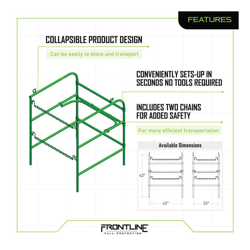 The Frontline Manhole Guardrail by Frontline Fall Protection is a green metal collapsible safety barrier (42" x 42") with two safety chains, tool-free setup, easy transport, and ideal for confined space manhole protection. Branding shown at the bottom.