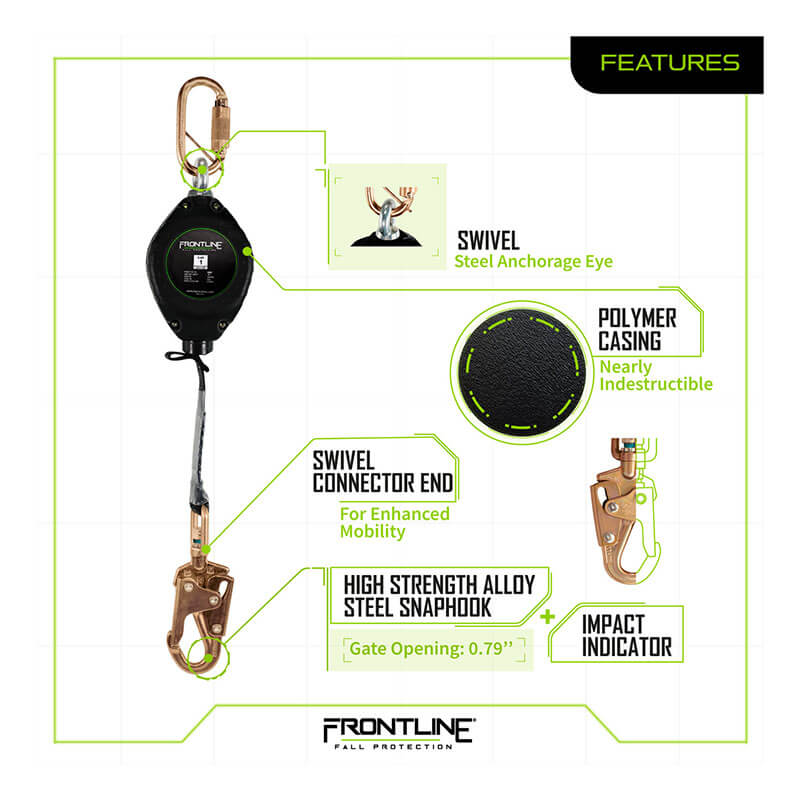 Diagram of the Frontline Web Single Leg SRL with Steel Snap Hook End by Frontline Fall Protection, highlighting features: steel swivel anchorage eye, polymer casing, web lifeline, swivel connector end, alloy steel snap hook, and impact indicator.